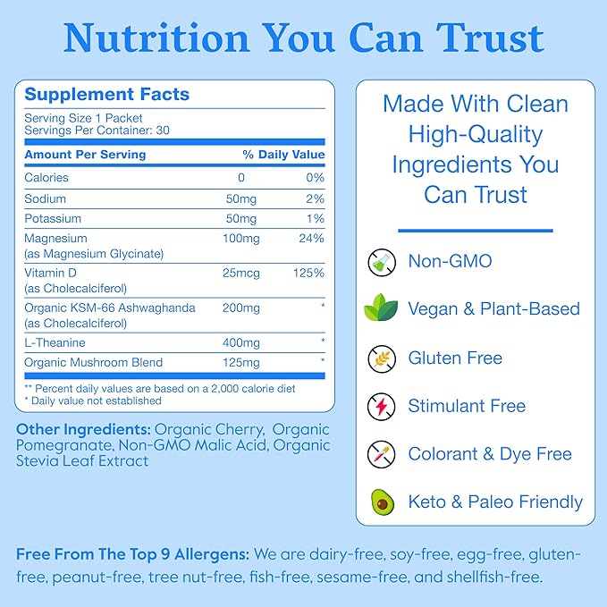 Nectar Calm Magnesium Glycinate Drink Mix - Sugar Free &amp Zero Calorie - with Organic Ashwagandha Vitamin D L-Theanine Hydrating Electrolytes - Relax Focus &amp Calm (Cherry Pomegranate 30 Sti