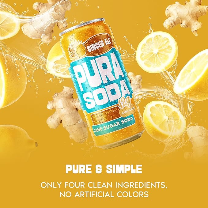 PuraSoda® Ginger Ale - 65 Calories &amp 12g Pure Cane Sugar per Can - Made with Pure Cane Sugar No Stevia or Artificial Blends - Non-GMO Vegan Clean &amp Refreshing Ginger Soft Drink - 10 fl oz C