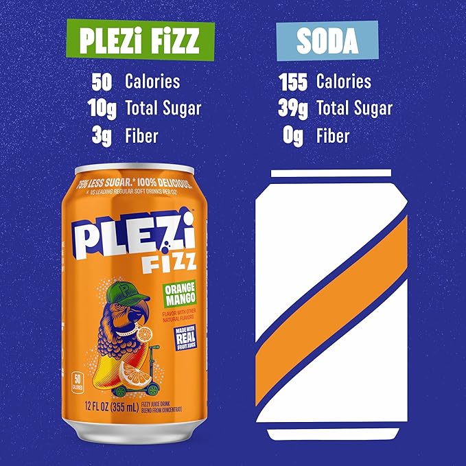 PLEZi FiZZ Orange Mango Sparkling Juice - Healthy Soda Alternative with Real Fruit Juice No Added Sugar - Low Sugar Sparkling Drink - Good Source of Fiber 12 Fl Oz (12 Pack)