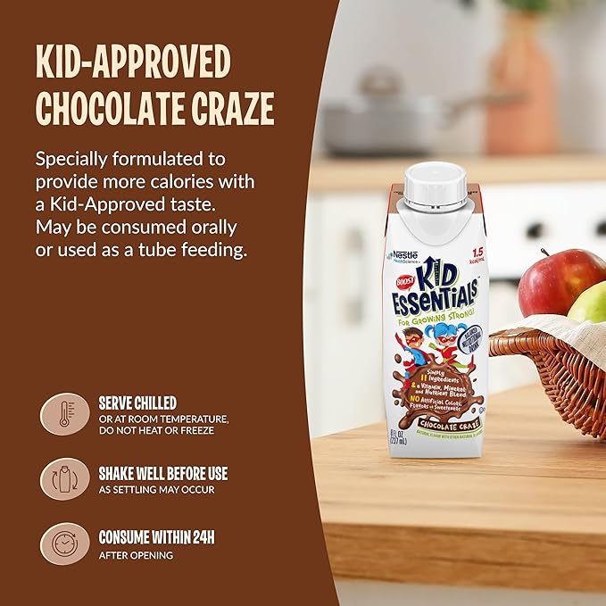 BOOST KID ESSENTIALS (1.5 kcal/mL) Chocolate Craze Nutritional Drink 10g Protein Vitamin C D  B12 and Zinc 8 Fl Oz (Pack of 24)