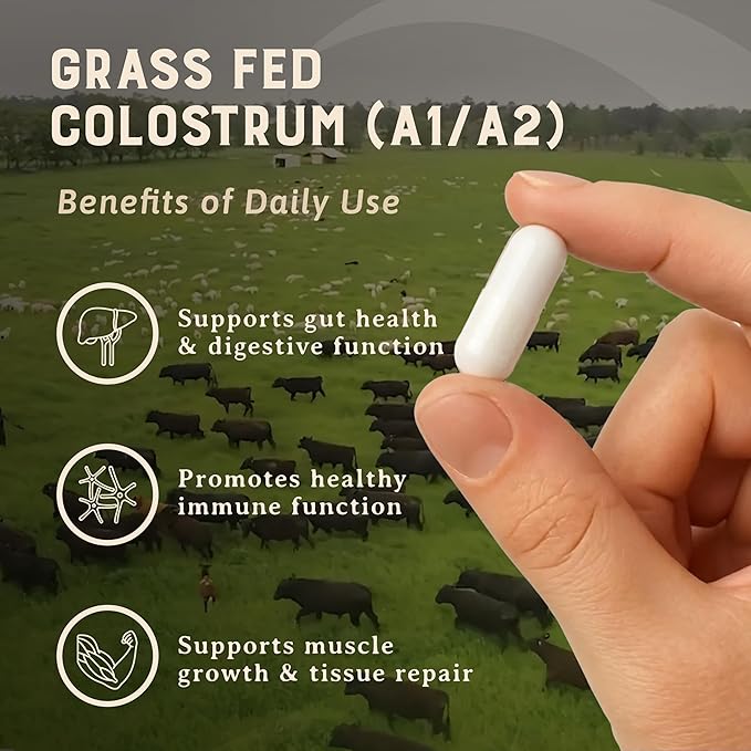 HEART &amp SOIL 100% Grass Fed &amp Finished Colostrum Supplement from Regenerative Cattle for Gut Muscle &amp Immune Health – 3000mg Bovine Colostrum Capsules - Gut Health for Men &amp Women –18