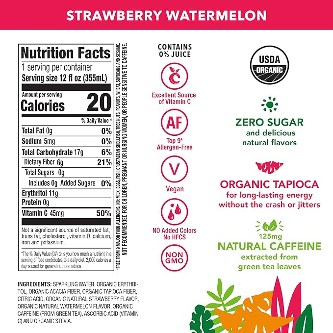 OCA ZERO Strawberry Watermelon Organic energy drink zero sugar gluten-free vegan plant-based 12 Fl Oz (12-pack)