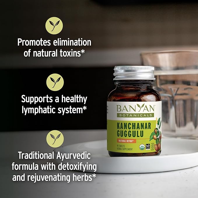 Banyan Botanicals Organic Kanchanar Guggulu – Natural Lymphatic Drainage &amp Detox Supplement – Systemic Cleanser for Glandular Health &amp Fluid Balance – with Guggulu Resin –90 Tablets – USDA Org