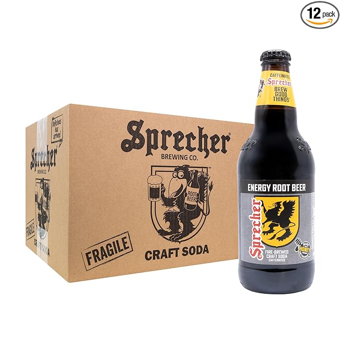 Sprecher Energy Root Beer in 16 fl oz Glass Bottles (12 Pack) Caffeinated Fire Brewed Craft Soda with Real Honey Naturally Flavored Root Beer Energy Drink