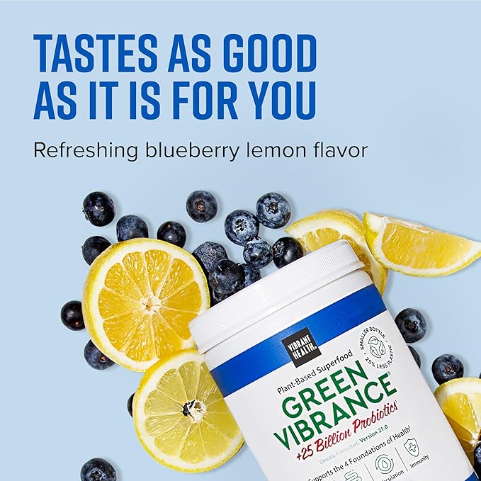 Vibrant Health Green Vibrance Superfoods Powder with 70+ Plant-Based Whole Foods &amp 25 Billion Probiotics Per Serving Blueberry Lemon 25 Servings