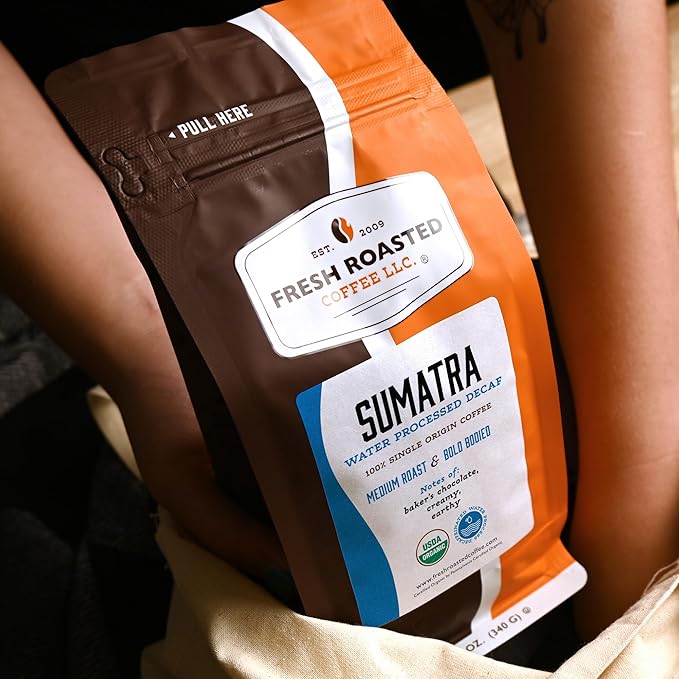 Fresh Roasted Coffee Organic Sumatra Water-Processed Decaf | 100% Single Origin USDA Kosher | Medium Roast 12 oz Whole Bean