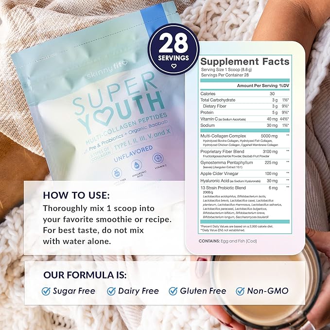 SkinnyFit - Super Youth Collagen for Women - Multi Collagen Peptides Powder - Probiotics Fiber Hyaluronic Acid - Non GMO Gluten Free Sugar Free - Beauty &amp Self Care - Unflavored (28 Servings)