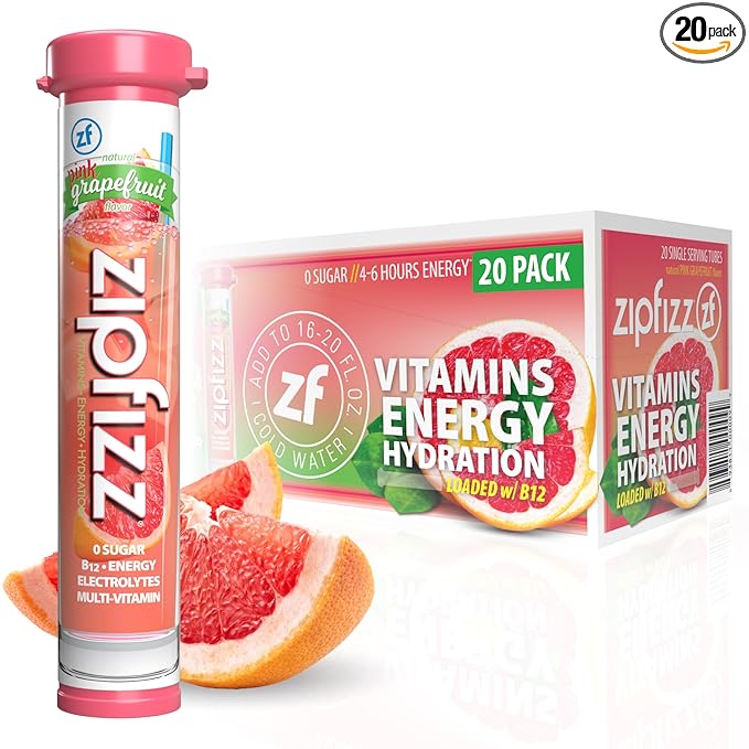 Zipfizz Daily Energy Drink Powder Pink Grapefruit 20 Pack | 3-in-1 Sustained Energy Rapid Hydration and Essential Vitamins | Sugar-Free | Electrolyte Powder | Contains Vitamin B-12 &amp Antioxida