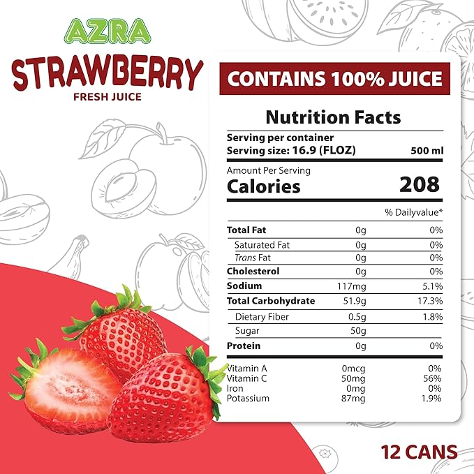 AZRA 100% Strawberry Juice 500ml Cans (Pack of 12) - Fresh Fruit Punch Flavor - Sugar Free Healthy Drinks - 100 Percent Zero Sugar Beverages - Real Berry Liquid Variety 16.9 fl oz