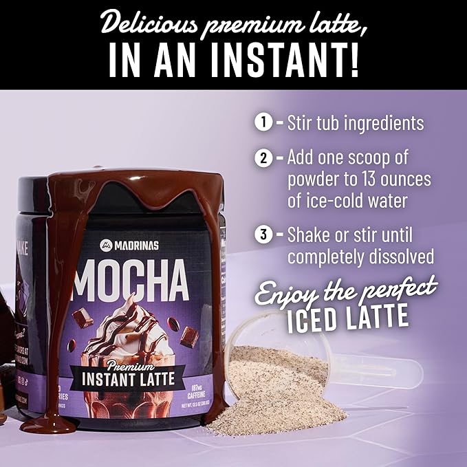 Premium All-Natural Chocolate Mocha Flavored Instant Coffee Cold Brew Latte Mix - 8 Servings - High Caffeine Rich &amp Flavorful Gluten-Free Convenient | MADRINAS