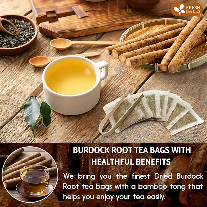 FreshDrinkUS Premium 135 Burdock Root Tea Bags 100% Natural &amp Pure. Made with Natural Material Tea Bags. No Sugar No Caffeine No Gluten Vegan.