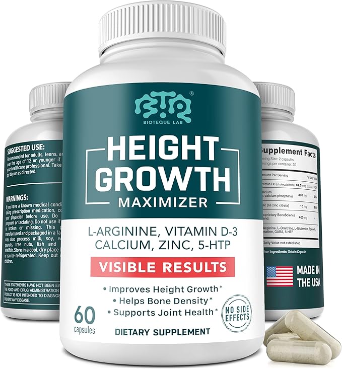 Height Growth Maximizer Calcium Vitamin D3 and Zinc Blend Pills Bone Growth Supplement for Kids and Teens Bone Strength Density Support GMO-Free Gluten-Free Made in USA 60 Caps