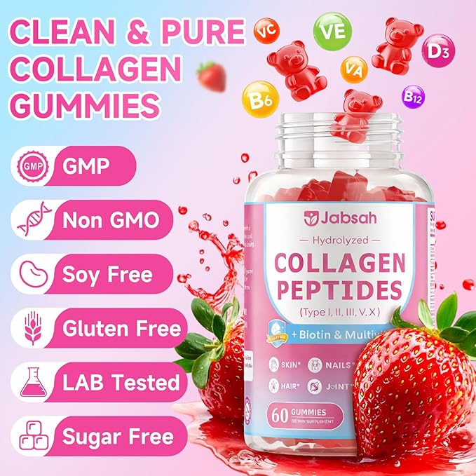 Collagen Gummies for Women &amp Men Hydrolyzed Collagen Peptides(Type I II III V X) with Biotin Hyaluronic Acid MultiVitamins Supports Healthy Skin Thick Hair &ampStrong Nails Sugar Free