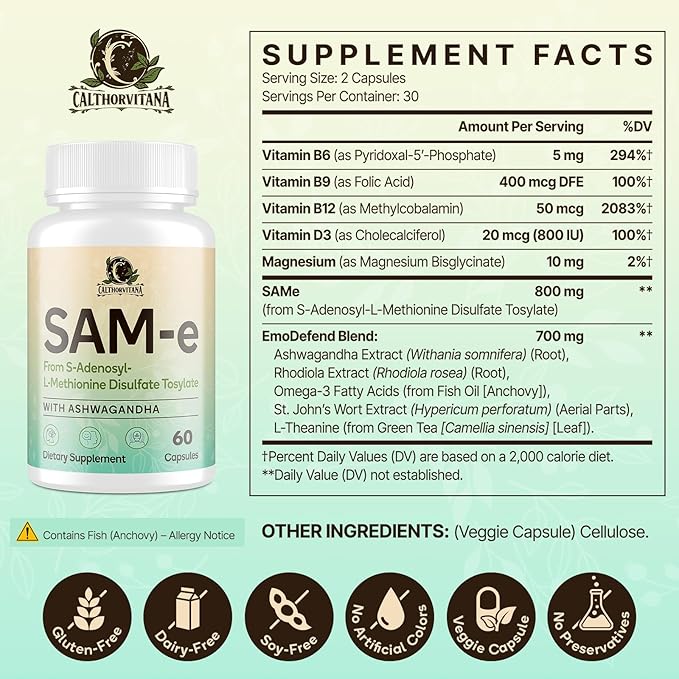 SAM-e Supplement – Capsule Complex with Ashwagandha Extract L-Theanine Rhodiola St. John’s Wort Omega-3 Fatty Acids Magnesium B Vitamins &amp D3 120 Capsules
