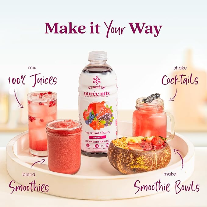 Smartfruit Superfruit All-Stars + Energy – 100% Real Fruit Purée with Blueberry Pomegranate Acai &amp Goji Berries – Great for Smoothies Juice Yogurt Cocktails Teas &amp More – 2-Pk 48oz Each