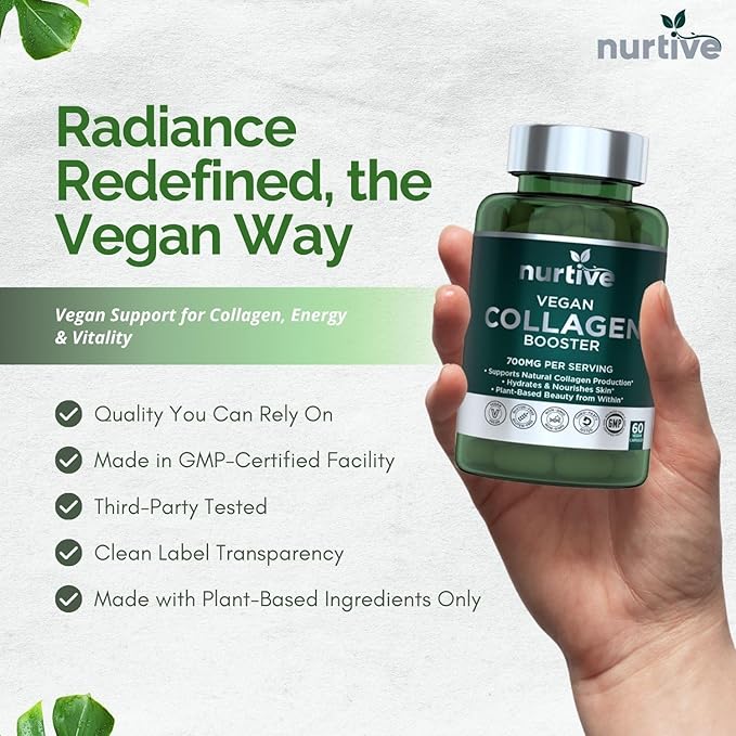 Plant-Based Collagen Booster - Vegan Support with Vitamin C Amino &amp Hyaluronic Acids - 700mg/Serving - Non-GMO Gluten-Free No Filler - 60 Capsules 2 Capsules/Day for 1 Month Supply