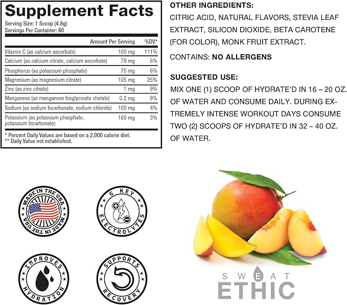 Sweat Ethic Hydrate’D Electrolytes Electrolyte Powder with Potassium Magnesium &amp Vitamin C Easy Mix Powder for Hydration &amp Performance Support Natural Ingredients Peach Mango Flavor 60 Se