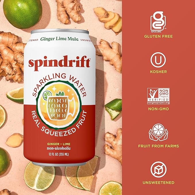 Spindrift Sparkling Water Ginger Lime Mule Flavored Made with Real Squeezed Fruit 12 Fl Oz Cans Pack of 24 (Only 11 Calories per Can)