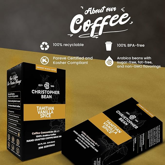 Christopher Bean Coffee - 396 servings 30 to 1 Blend Bag in Box Liquid Instant Coffee or Cold Brew Coffee Concentrate - Hot or Iced Coffee - Tahitian Vanilla Spice