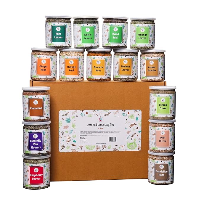 Assorted Loose Leaf Tea | 15 Delightful Herbs | Upto 900 Servings | 100% Raw &amp Natural | Add Health to your Soups Smoothies Teas and more | By Yogi's Gift®