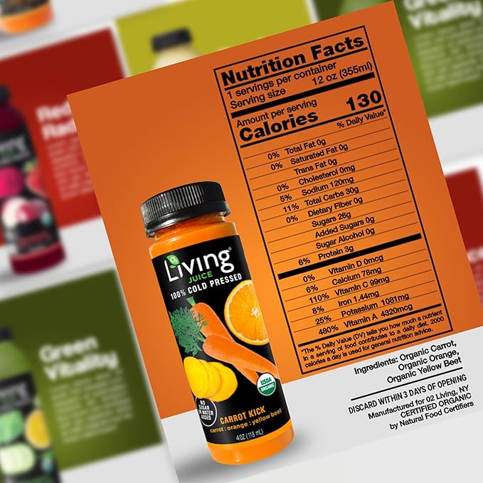 O2 Living Carrot Kick Mini Organic Cold Pressed Juice | Refreshing Carrot Orange &amp Yellow Beet Juice for Quick Wellness Boost | No Added Sugar or Water | Natural Sweetness | Non-GMO | 4 oz 8-Pac