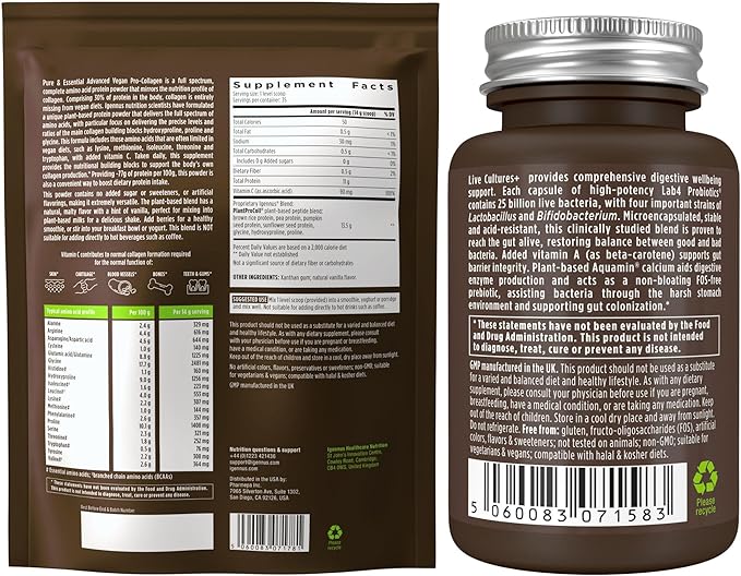 Live Cultures+ Lab4 Probiotics + Vegan Vanilla Collagen Protein Powder Vegan Bundle Complete Collagen Boosting Formula + 25 Billion CFU Probiotic with Non-Bloating Prebiotic by Igennus