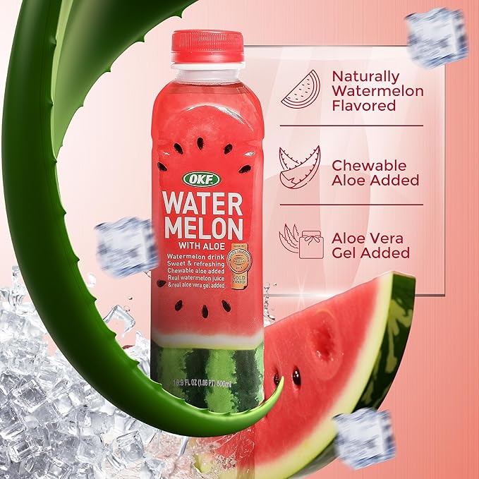 OKF Aloe Vera Juice Drink Watermelon Pure with Chunks of Aloe Original 16.9 Fl Oz (Pack of 20) No Preservatives No Artificial Color Plant Based Korean Drinks