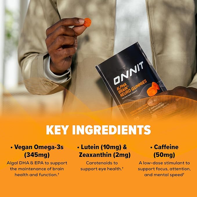 ONNIT Alpha Brain Neuro Focus Gummies IGEN Non-GMO Tested Vegan Gummies with Omega-3s Lutein Zeaxanthin and Caffeine Brain Eye and Focus Supplement for Men and Women Citrus Punch 90 Count