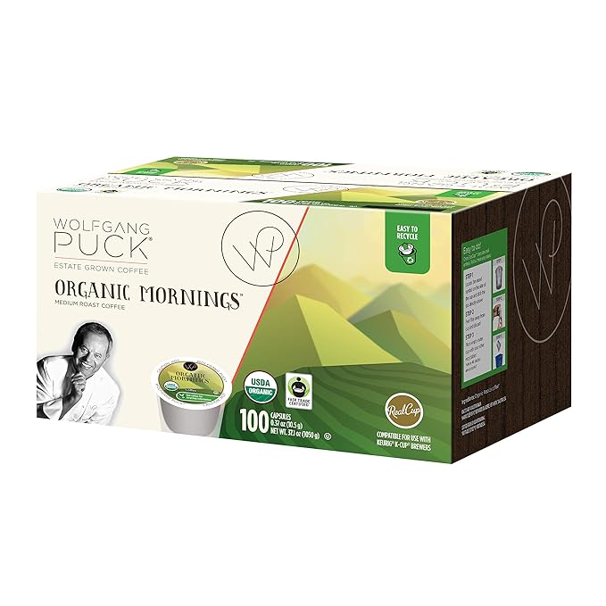 Wolfgang Puck Organic Mornings Fair Trade Organic Medium Roast Coffee Keurig K-Cup Brewer Compatible Pods 100 Count (Pack of 1)