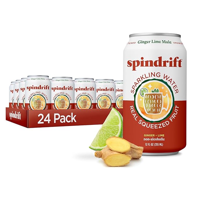 Spindrift Sparkling Water Ginger Lime Mule Flavored Made with Real Squeezed Fruit 12 Fl Oz Cans Pack of 24 (Only 11 Calories per Can)