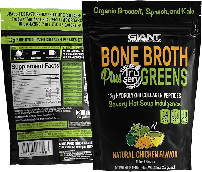 Giant Sports Bone Broth Collagen Plus Greens | Organic Super Greens Powder + Delicious Collagen Protein Powder Mix | Paleo and Keto Friendly | Natural Chicken Flavor 14 Servings