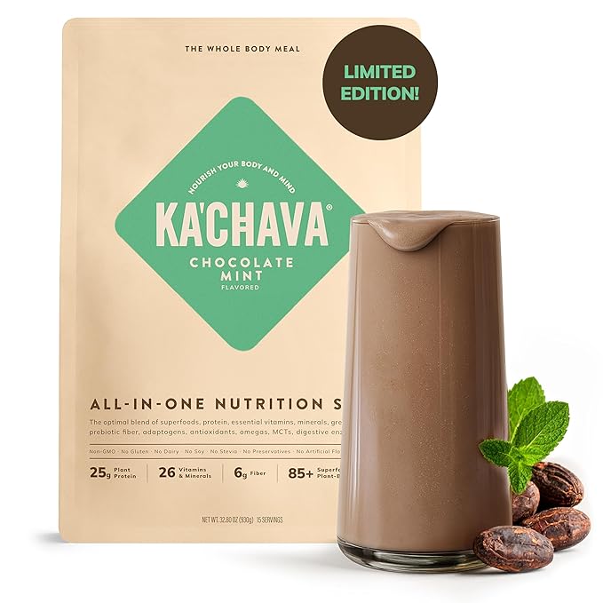 Ka’Chava Whole Body Meal Shake Chocolate Mint 2 lb – Vegan Protein Powder with 85+ Superfoods &amp Greens – Plant-Based Meal Replacement with Probiotics &amp Digestive Enzymes – Gluten &amp Dairy F