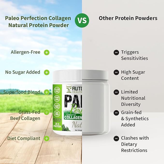 Paleo Perfection Natural Grass Fed Beef Collagen Protein Powder for Men &amp Women w/ Apple Fiber Carrot Broccoli - 300g Paleo Keto SCD AIP Protein Powder &amp Superfood Blend - Unflavored Uns