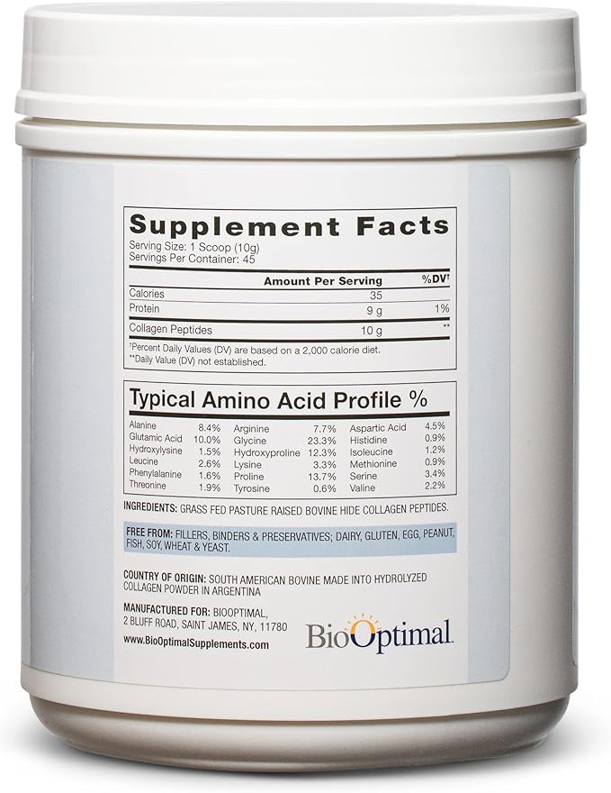 BioOptimal Collagen Peptides Powder - Grass-Fed Pasture-Raised Hydrolyzed Protein Supplement for Skin Hair &amp Nails - Non-GMO Zero Sugar Daily Supplement for Men &amp Women (45 Servings)