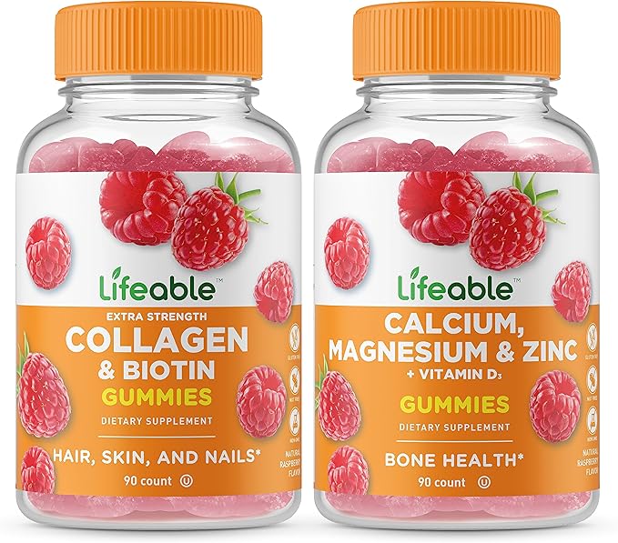 Lifeable Collagen &amp Biotin + Calcium Magnesium Zinc &amp Vitamin D Gummies Bundle - Great Tasting Vitamin Supplement Gluten Free GMO Free Chewable Gummy