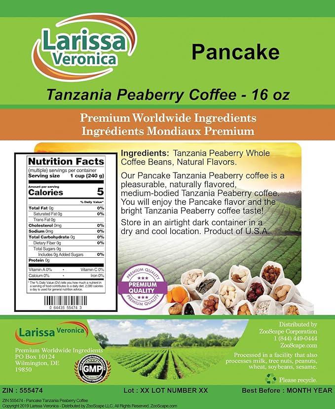 Pancake Tanzania Peaberry Coffee (Gourmet Naturally Flavored Whole Coffee Beans) (16 oz ZIN: 555474)