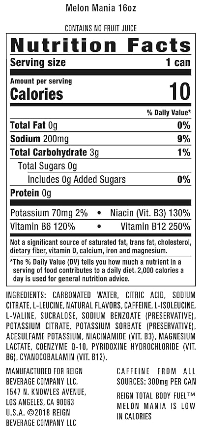 Reign Total Body Fuel Melon Mania Fitness &amp Performance Drink 16 Fl Oz | Pack of 12
