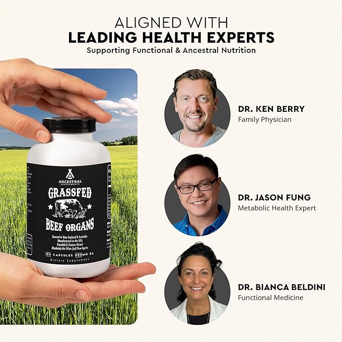 Ancestral Supplements Grass Fed Beef Organ Supplement Supports Whole Body Wellness with Proprietary Blend of Liver Heart Kidney Pancreas Spleen Freeze-Dried Beef Non-GMO 180 Capsules