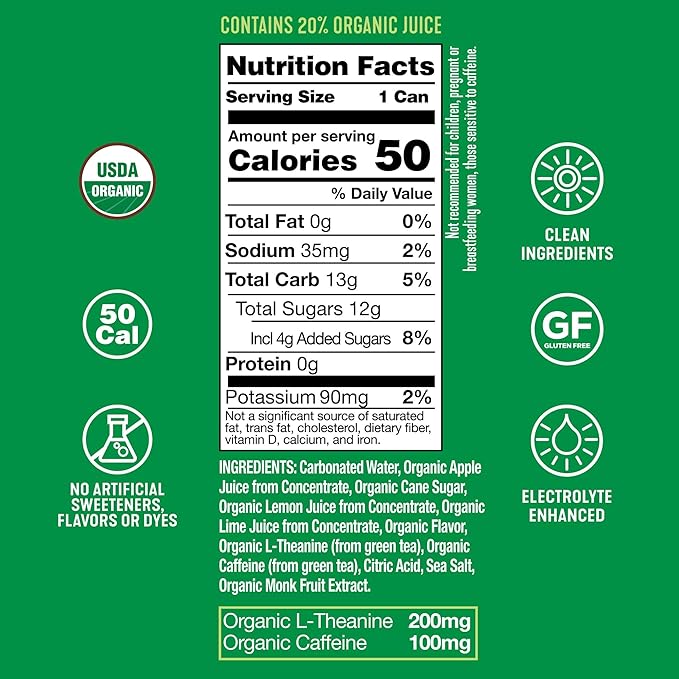 ARDOR ENERGY Natural Sparkling Energy Drink with 100mg Natural Caffeine &amp 200mg L-Theanine from Organic Green Tea for Smooth Energy &amp Focus | Healthy Energy Drink | Made with Real Fruit Juice