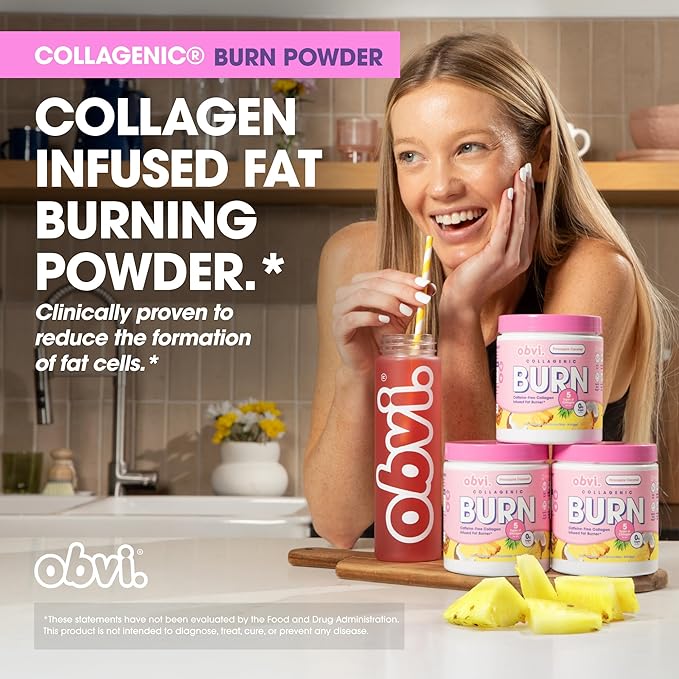 Obvi Collagenic Burn Powder | Multi-Collagen Peptide Blend with GBB Ashwagandha &amp Green Coffee | Pineapple Coconut 25 Servings