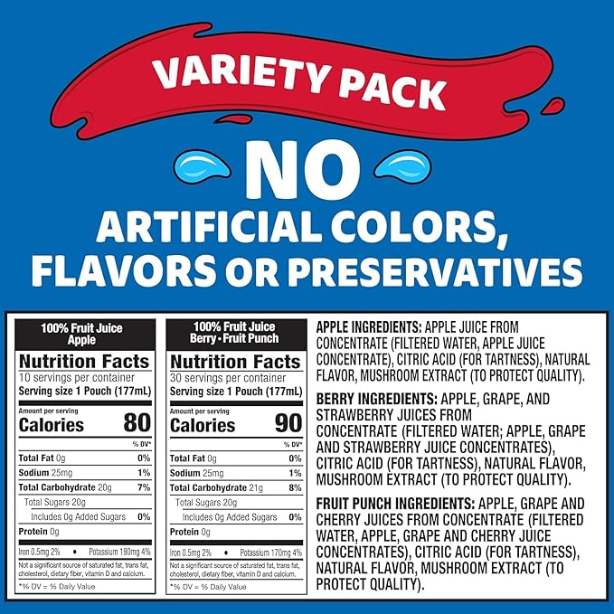 100% Fruit Punch Berry &amp Apple Juice Variety Pack Ready-to-Drink Juice (40 Pouches 4 Boxes of 10)