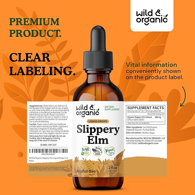 Wild &amp Organic Slippery Elm Drops - Lung Digestive &amp Women's Support - Slippery Elm Bark Tincture - Add to Tea Liquid Extract - Ulmus Rubra Supplement - Vegan Sugar &amp Alcohol-Free - 2 fl