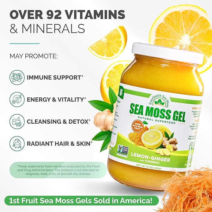 Wildcrafted Irish Sea Moss Gel | Made in USA | Rich in Vitamins &amp Minerals | Sea Moss Gel Raw | Nutritional Supplement | Lemon Ginger (16 oz)