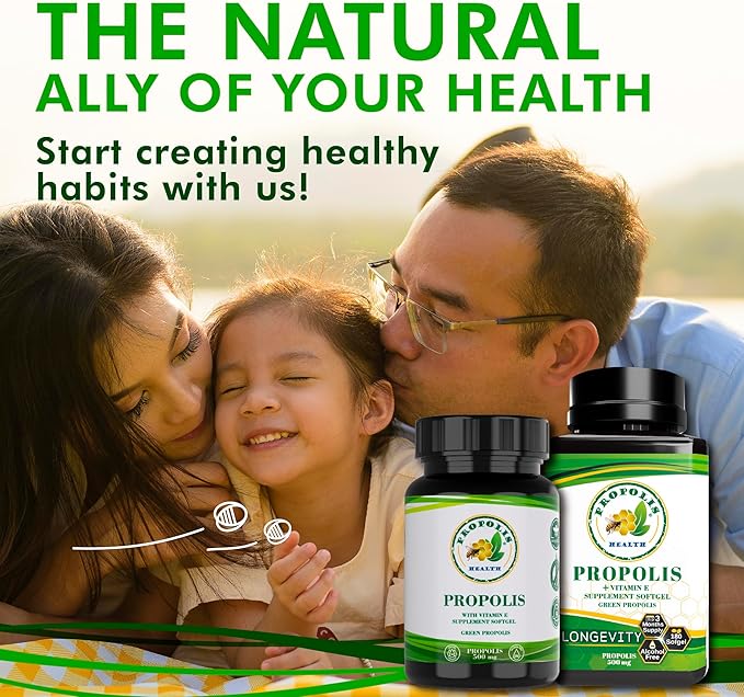 Propolis Health Propolis Capsules 1000mg-Daily with Vitamin E Per dose - Pure Brazilian Green Propolis Extract - Immune Booster 50 Days Supply -100 Capsules