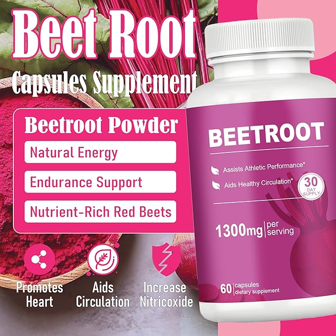 Beet Root Capsules – 1300mg Beetroot Powder for Natural Energy &amp Endurance Support Non-GMO 60 Capsules 30-Day Supply (1pc)