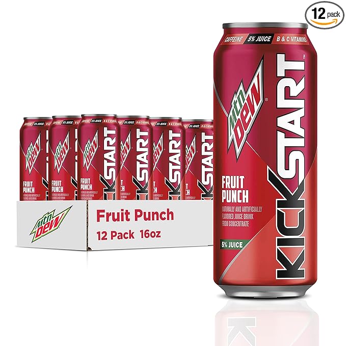 Mountain Dew Kickstart Fruit Punch 92mg Caffeine Vitamins B &amp C 80 Calories 5% Juice 16 fl oz (12 Count)