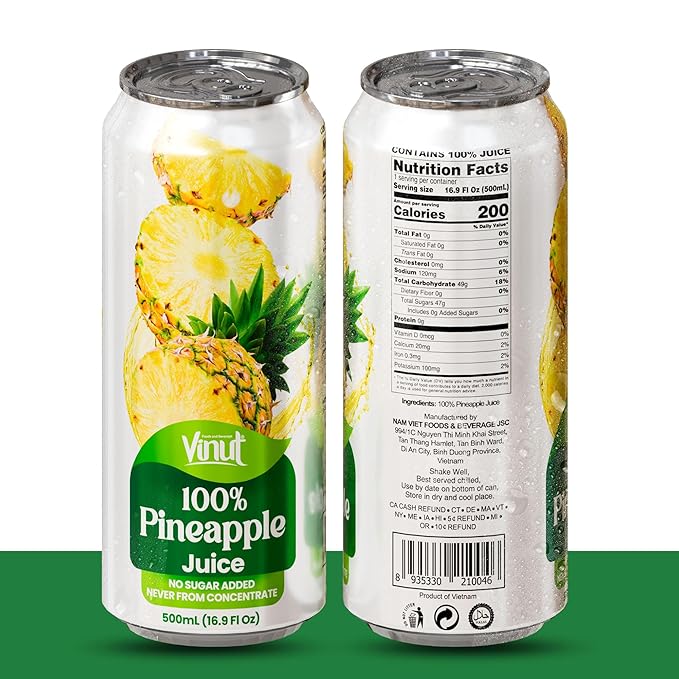 VINUT 100% Pineapple Juice No Added Sugar Not From Concentrate 16.9 fl oz (500 mL) Can Pack of 12