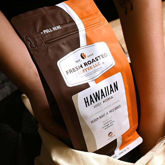 Fresh Roasted Coffee 100% Hawaiian Kona 12 oz Medium Roast Kosher Whole Bean