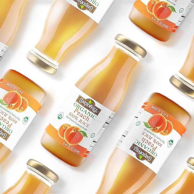 Gardenville Organic Peach Juice (Pack of 12) USDA Organic No Added Sugar U Kosher Certified Pasteurized 8.4 oz Glass Bottles (Peach)