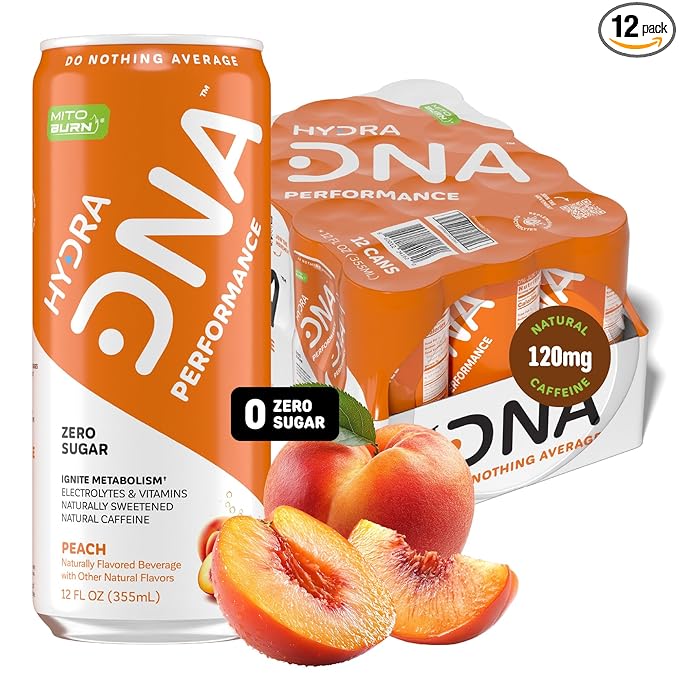 HYDRADNA- Clean Performance Drink Zero Sugar | For Natural Fuel Alertness Boost Stamina120 mg Organic Caffeine Natural Flavors Zero Sucralose Clean Ingredients (12 Pack) (12 Pack Peach)